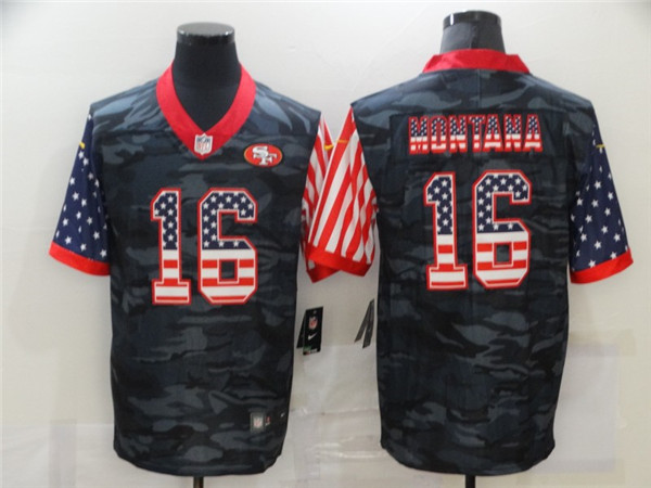 Men's San Francisco 49ers #16 Joe Montana 2020 Camo USA Flag Limited Stitched NFL Jersey